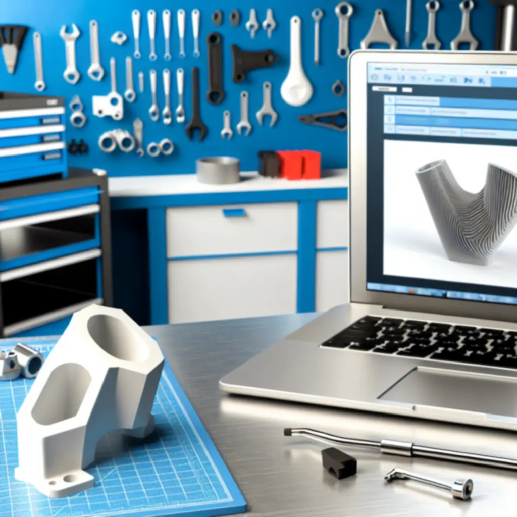 3D printed prototype components arranged in a technical workshop