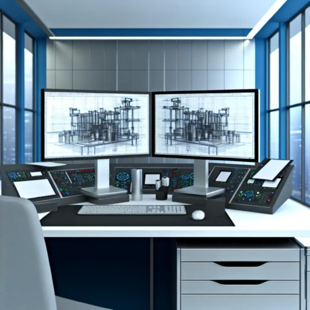 High-end CAD design workstation displaying a detailed engineering model