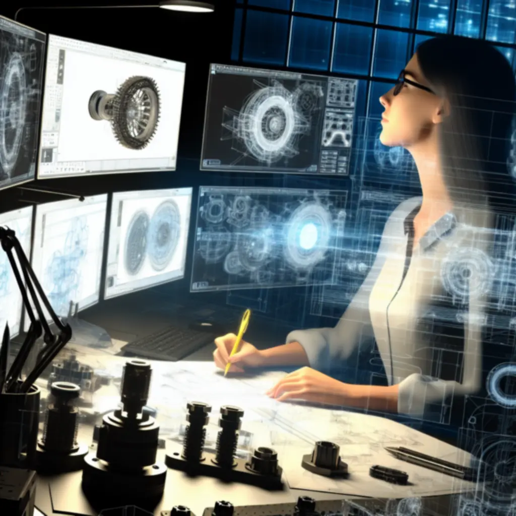 High-detail CAD workstation displaying complex engineering models on multiple screens.