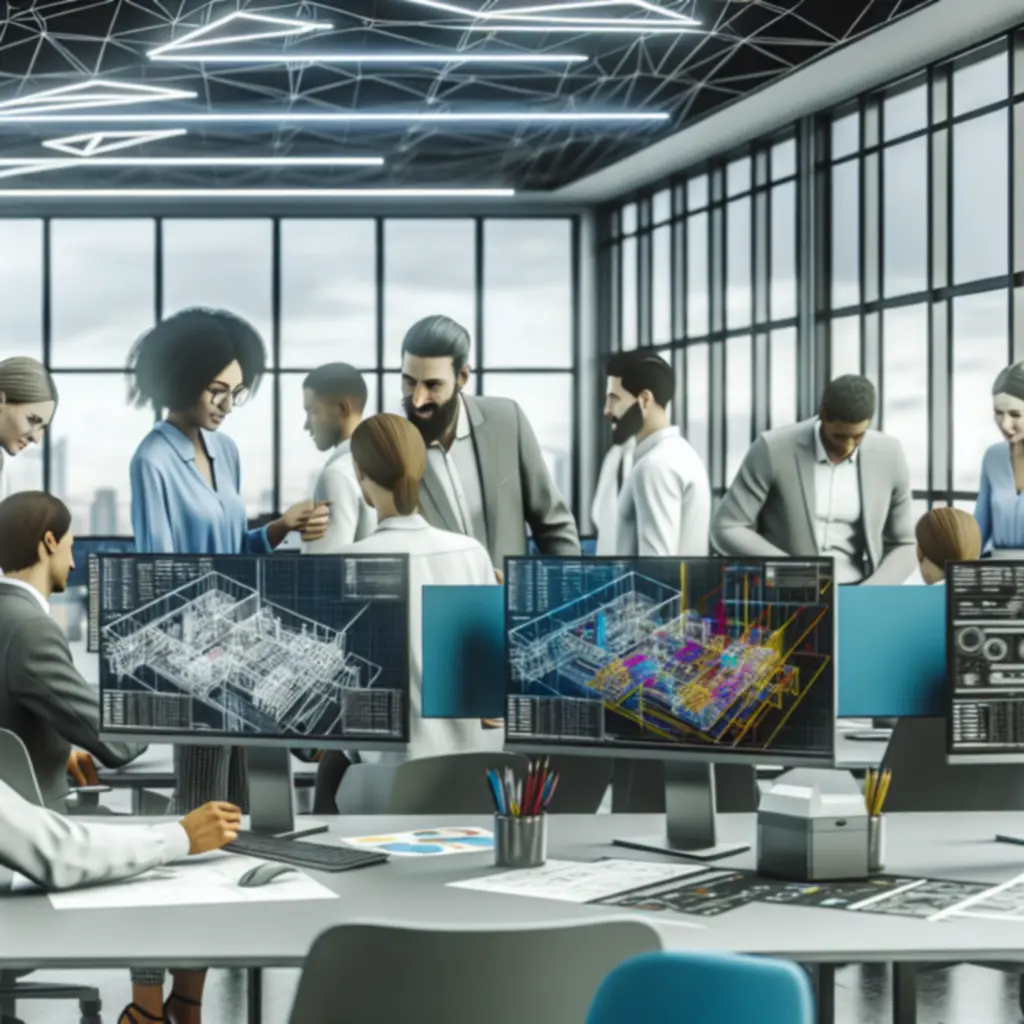Consulting team collaborating at a technical CAD workstation