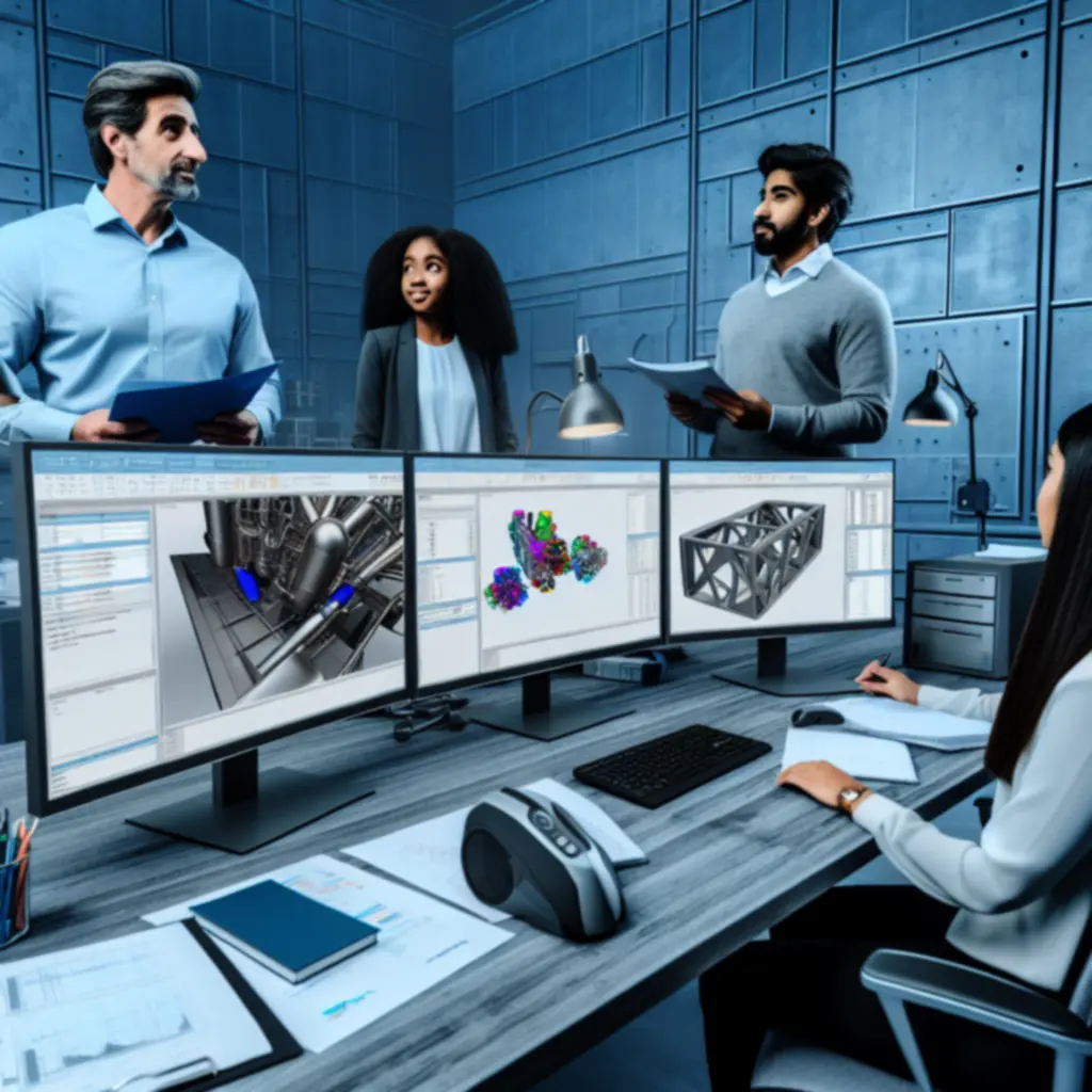 Engineering team conducting a collaborative review at a technical workstation.