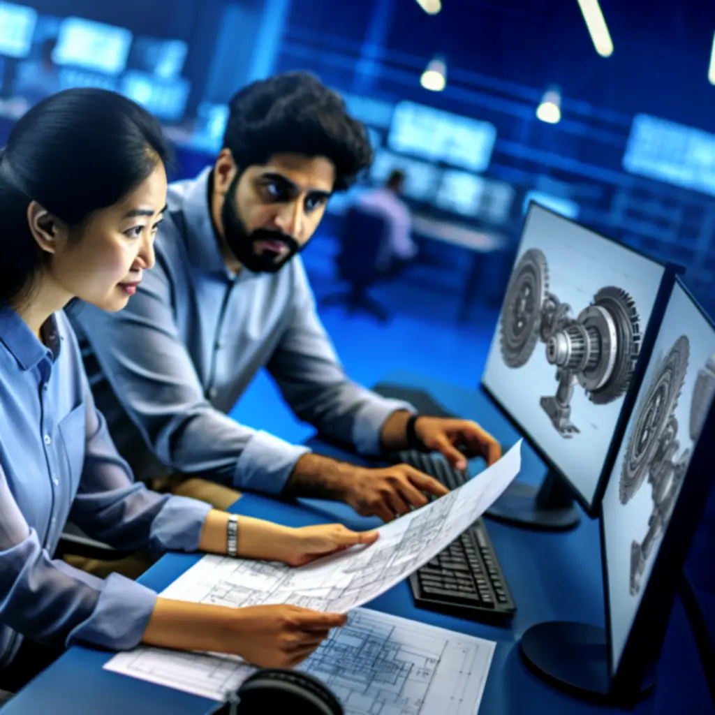 Engineering team working at a technical CAD workstation
