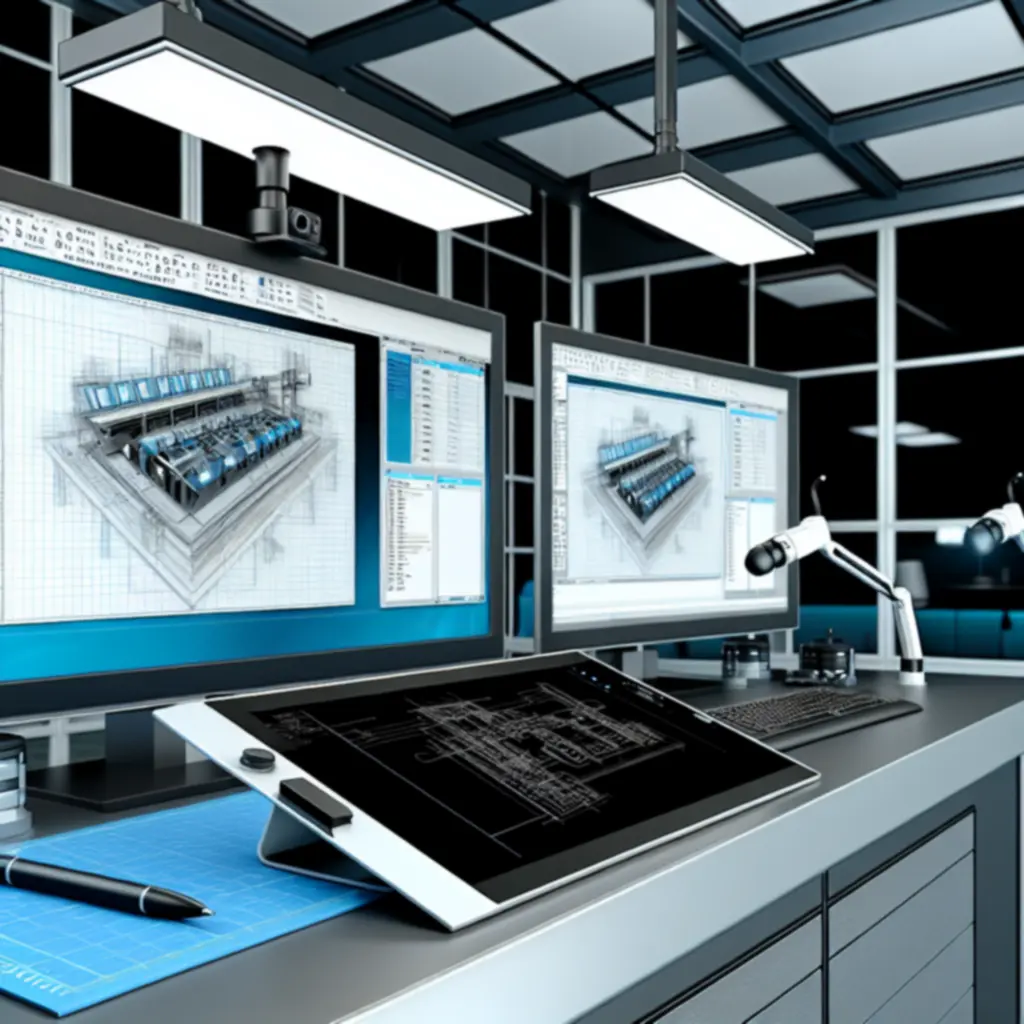 High-end CAD workstation with detailed engineering model on screen