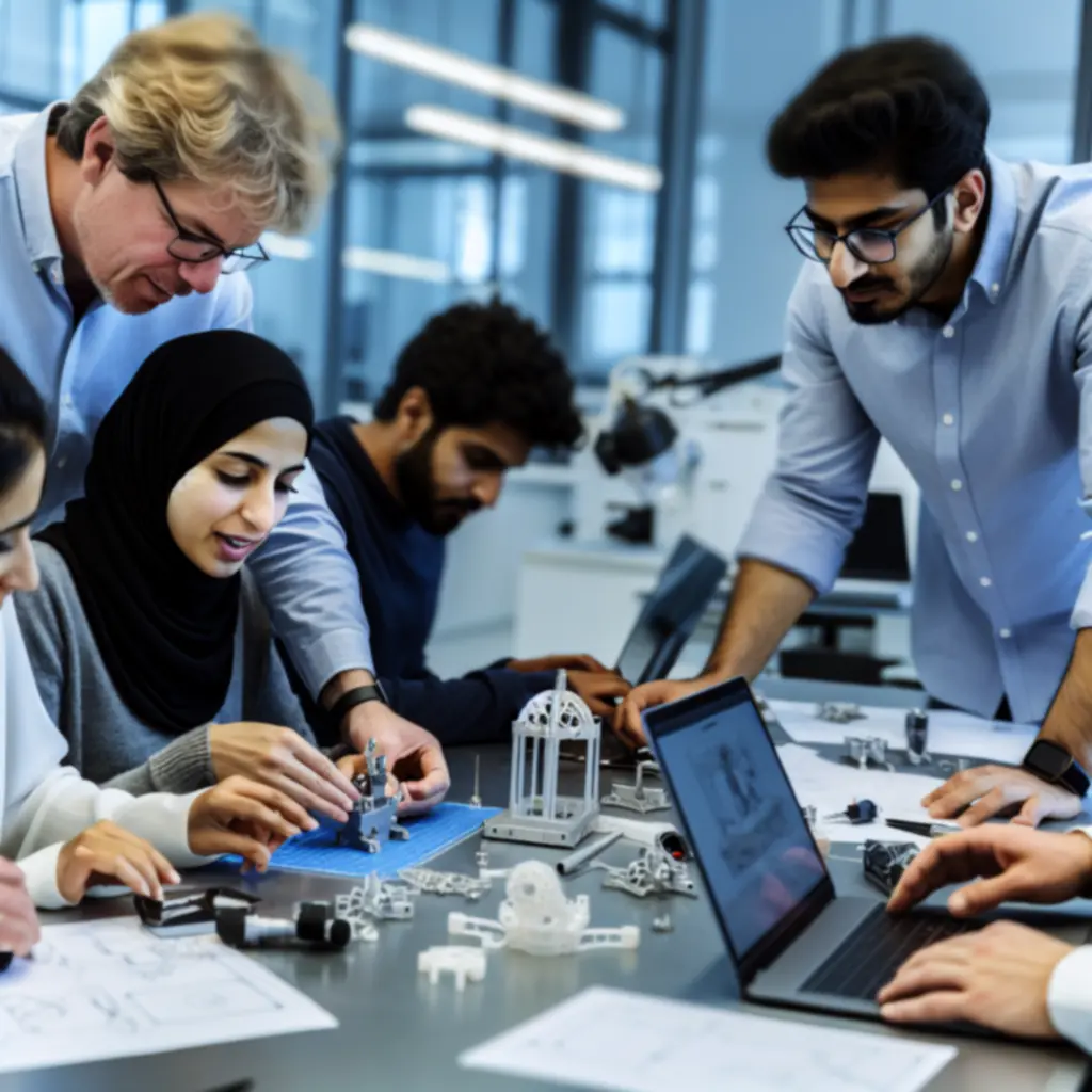 Engineers collaborating around a prototype component and CAD visuals
