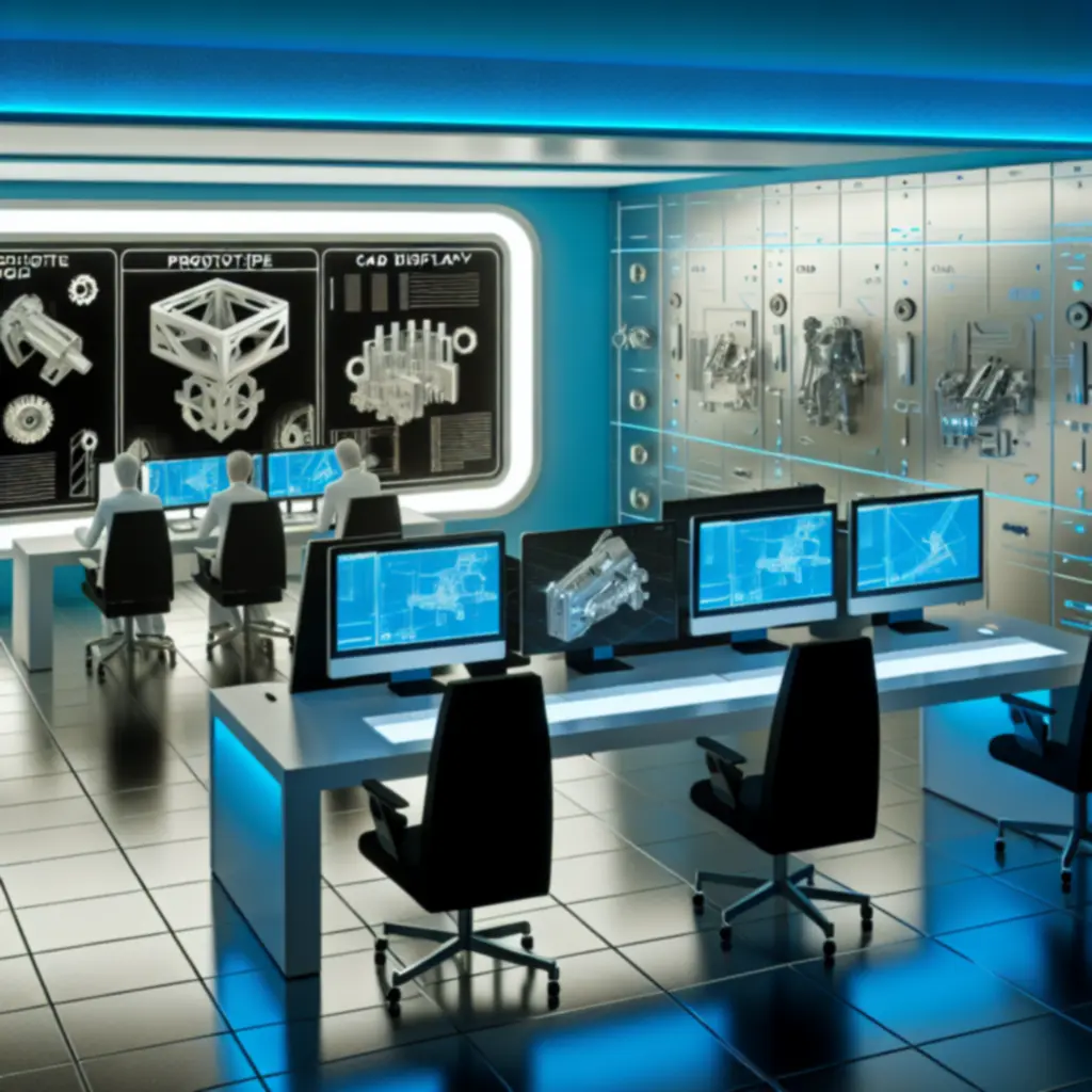 Engineers collaborating in a technical workspace, reviewing CAD-driven prototypes on high-resolution displays