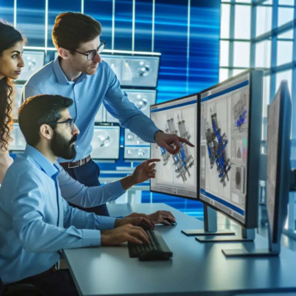 Specialist engineers collaborating at advanced software workstations